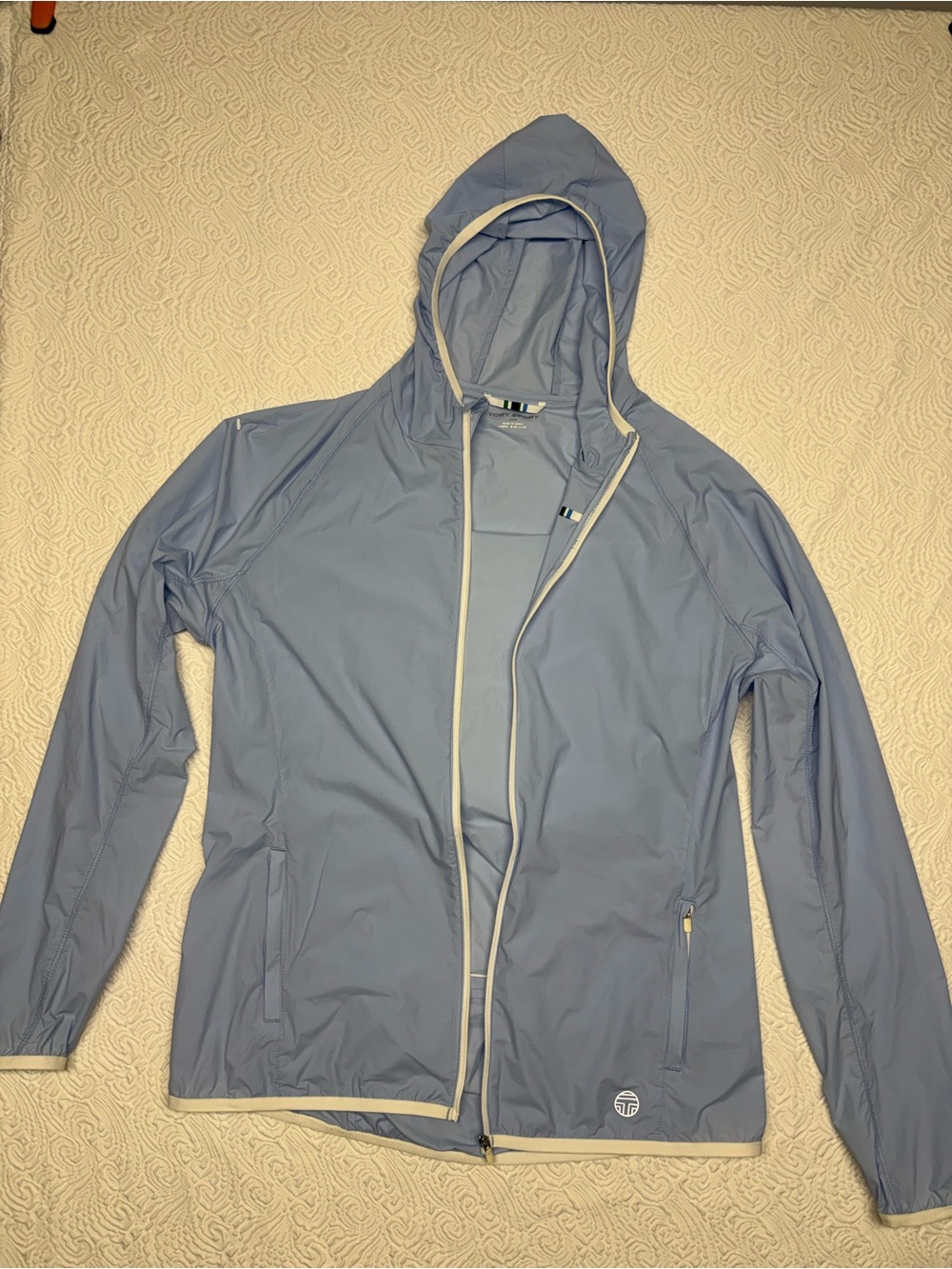 Tory Burch Light Blue Hooded Windbreaker with Cream Trim